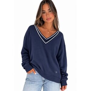 We Wander Wandersoft Fleece V-Neck Pullover Sweatshirt Womens M Navy Blue NWT